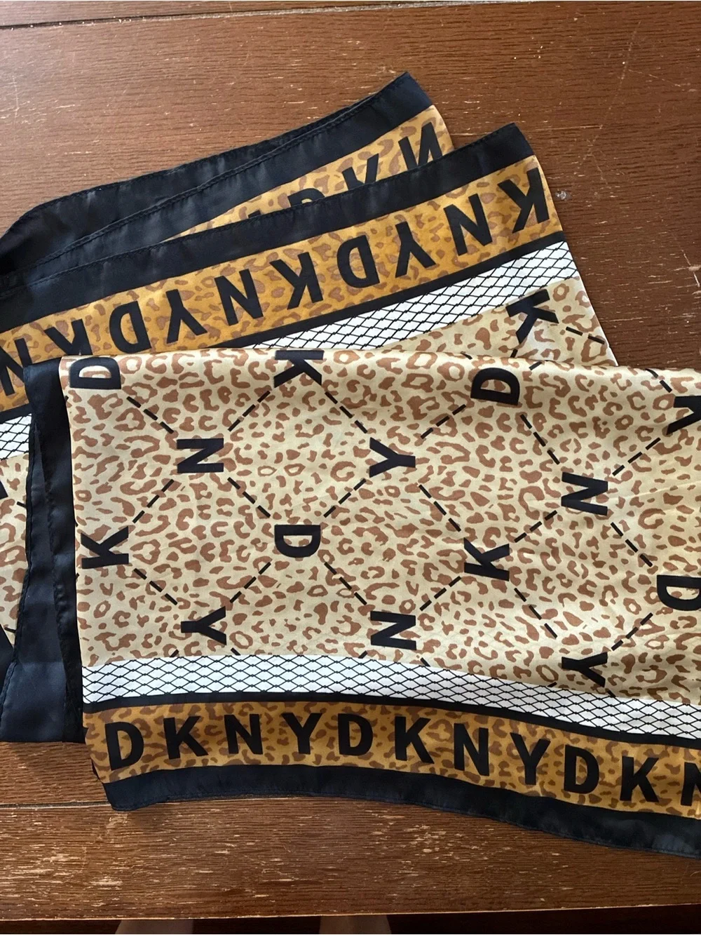 DKNY Leopard Motif Silk Scarf in Black and Tan